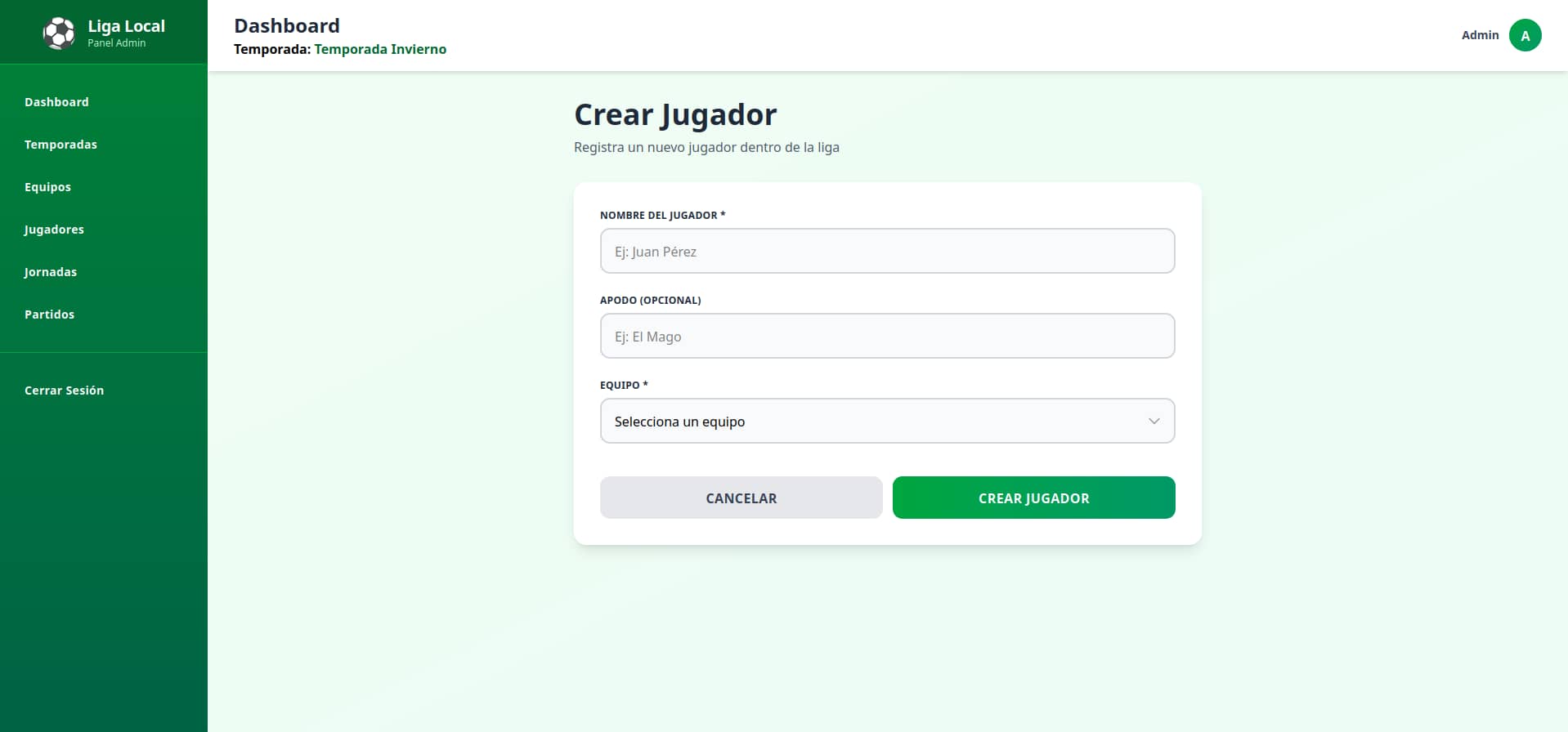 Imagen de la vista de crear jugadores en el dashboard
