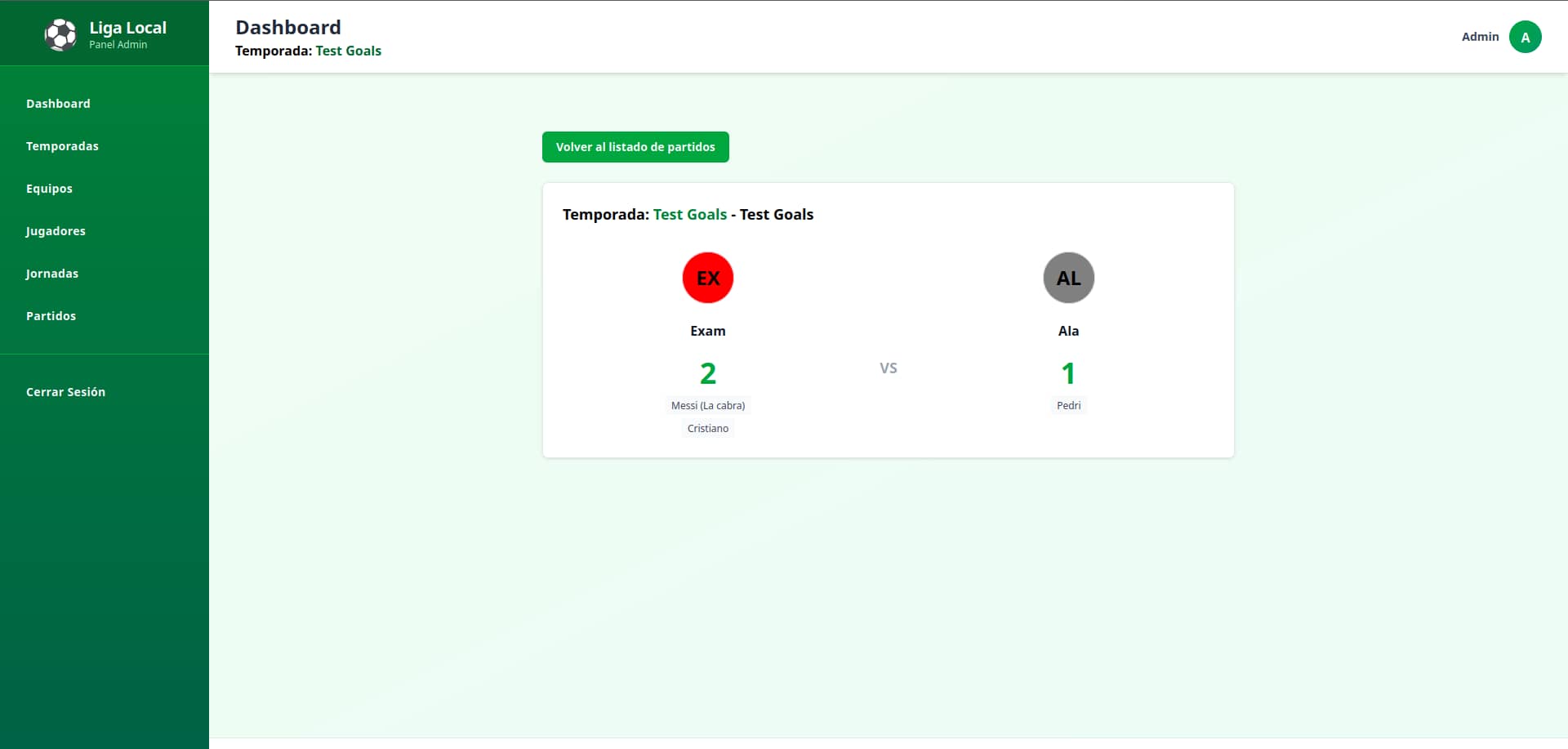 Imagen de vista del resultado de un partido con marcadores en el dashboard