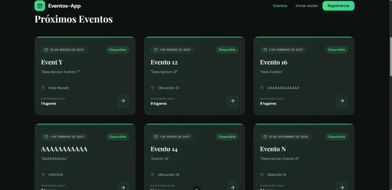 Landing page con eventos próximos