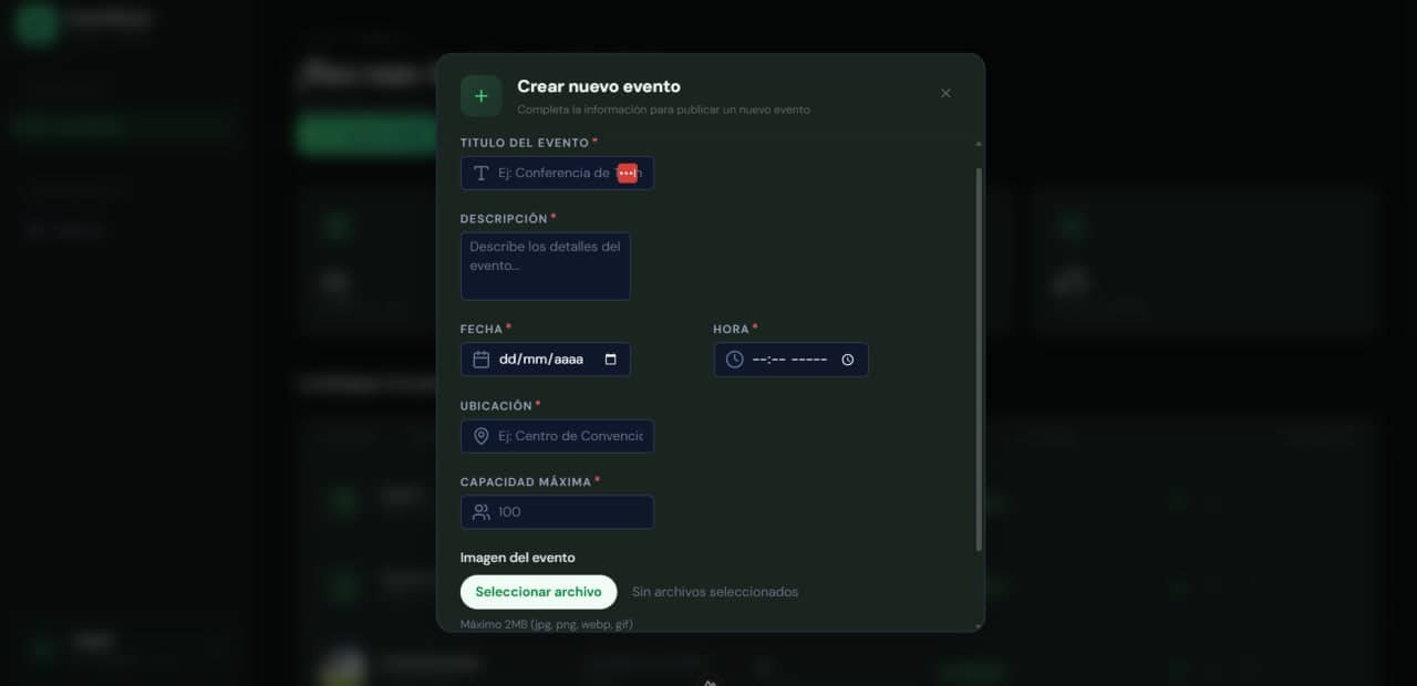 Formulario de creación de evento