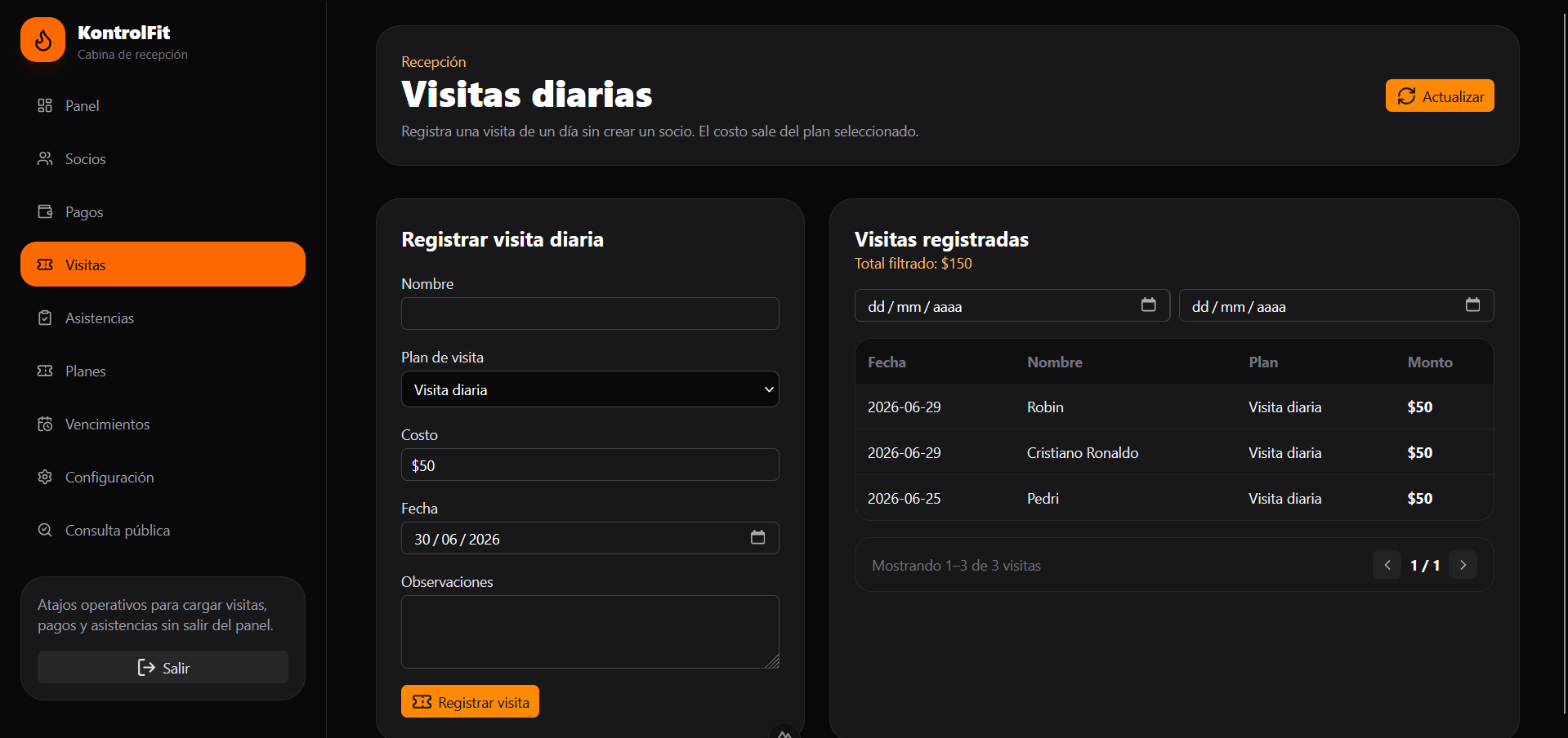 Visitas Diarias KontrolFit