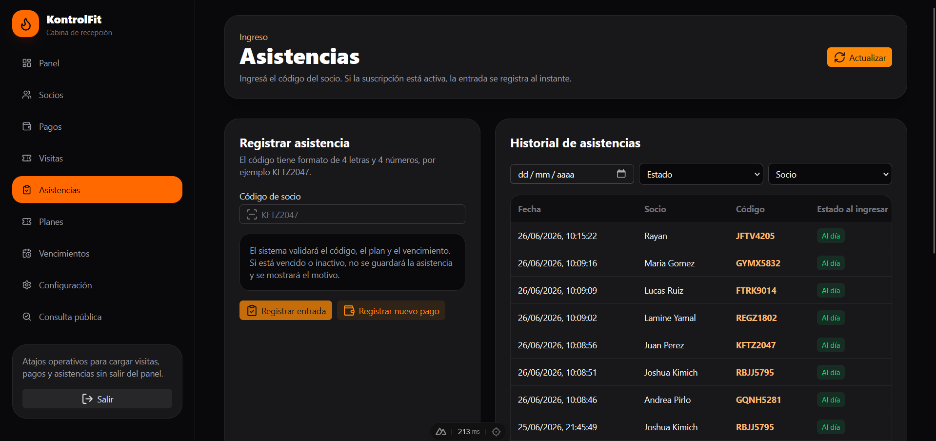 Registro de Asistencia KontrolFit